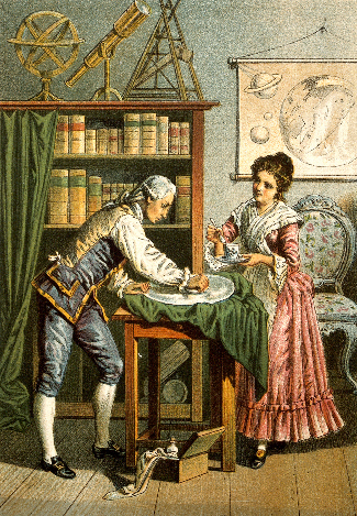 Painting of William Herschel and Caroline Herschel at work polishing the mirror of a telescope.