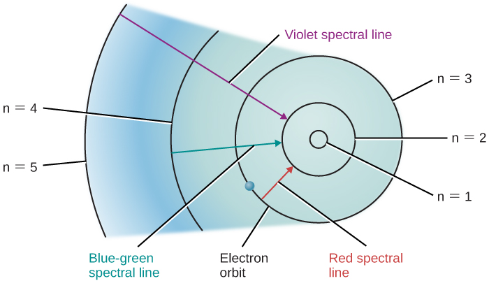 The Bohr Model of Hydrogen. This figure depicts five electron orbits surrounding the hydrogen nucleus (not shown). At the center is a small circle labelled n=1, then another larger circle for n=2, then n=3, n=4, and finally the largest circle n=5. An arrow is shown starting from n=4 going straight down to n=1 representing a violet spectral line. An arrow goes from n=3 to n=1 representing a blue-green spectral line, and finally an arrow goes from n=2 to n=1 depicting a red spectral line. There is no arrow from n=5.