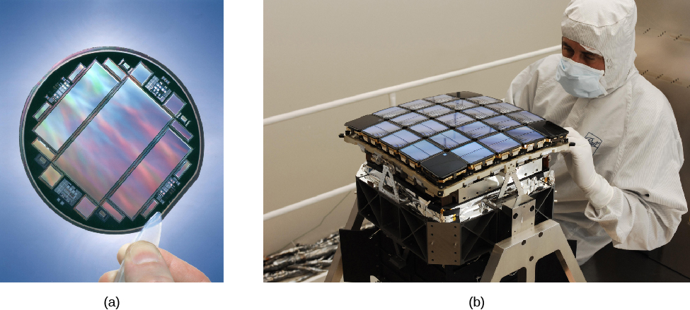 (a) A photograph shows a hand holding a technical device in tweezers; the device has flat metallic-appearing rectangles with colorful images. (b) A photograph shows a technician touching and observing a square object with 21 metallic-appearing squares.